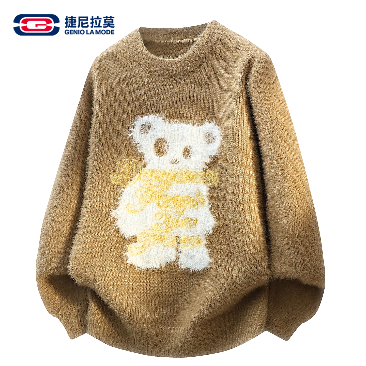 GENIOLAMODE圆领毛衣男女卡通提花小熊软糯学生情侣秋冬针织内搭
