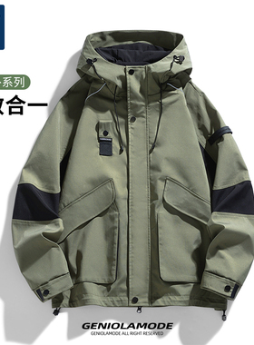 GENIOLAMODE外套男冬季户外机能冲锋衣2025新款加绒工装连帽夹克