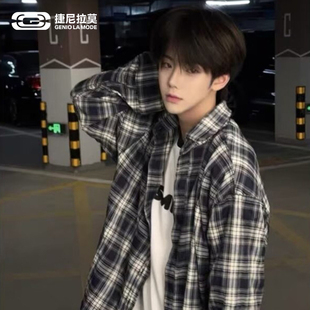 潮牌vibe高街少年感长袖 男秋季 衬衣 复古藏青格子衬衫 捷尼拉莫美式