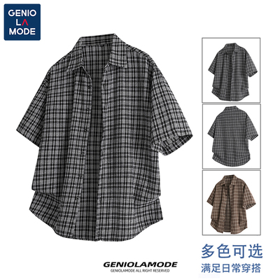 GENIOLAMODE格子衬衫男款韩系设计感痞帅上衣男式格纹短袖外套夏