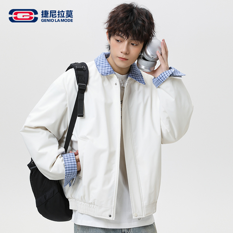 捷尼拉莫格子拼接工装外套男2025冬季新款美式高街情侣款翻领夹克
