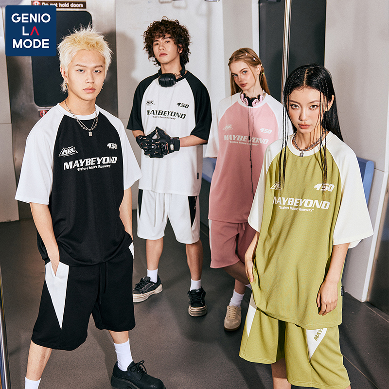 GENIOLAMODE插肩袖短袖男款经典日系复古重磅宽松篮球t恤夏季套装