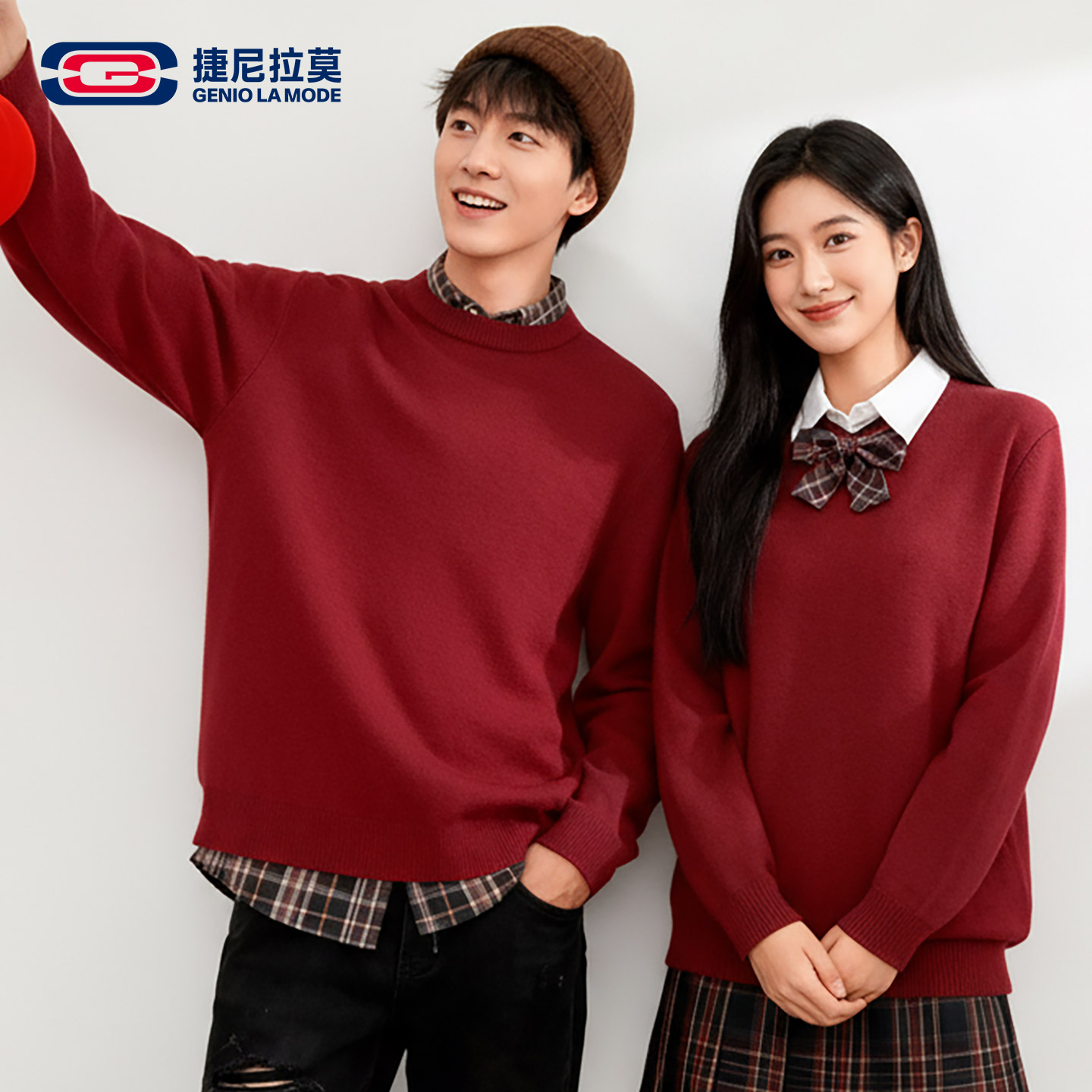 GENIOLAMODE酒红色毛衣男情侣款纽花圆领针织衫冬加厚保暖打底衫