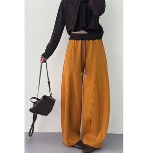 黄色卫裤女2025新款加绒加厚裤子高腰宽松直筒裤显瘦休闲运动裤