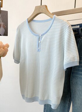 夏季韩版天丝圆领短袖针织衫