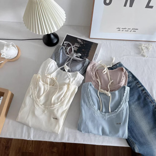 纯欲甜辣假两件蕾丝拼接系带挂脖短袖 设计感显瘦上衣7028 T恤夏季