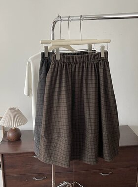 韩系复古高腰显瘦毛呢格纹半身裙女时髦减龄松紧腰a字伞裙7968