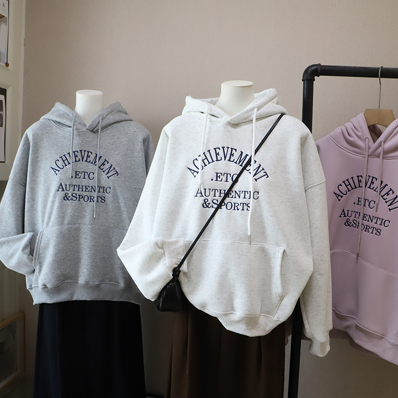 [比正]2025秋冬新款韩版连帽字母刺绣加绒加厚休闲百搭卫衣女5733