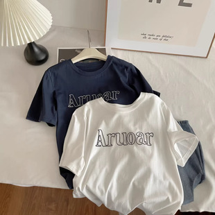 春夏款 上衣7035 韩系休闲字母刺绣拼接圆领T恤女宽松显瘦套头长袖