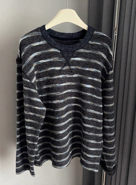 深灰色彩条仿兔绒圆领卫衣女韩系 慵懒垂感秋冬厚实保暖长袖