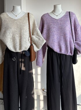 比正]2026秋冬新款韩版V领宽松短款套头毛衣女软糯显瘦针织衫8045