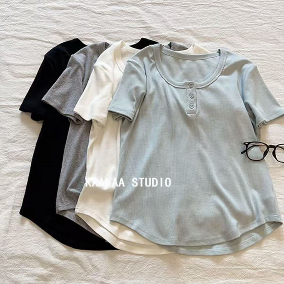 夏季基础款纽扣罗纹纯色短袖T恤女 韩系时尚百搭简约打底衫上衣