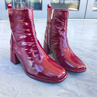 欧美范女靴子侧拉链 简约百搭款 酒红色外贸单女鞋 粗跟短靴漆皮时尚