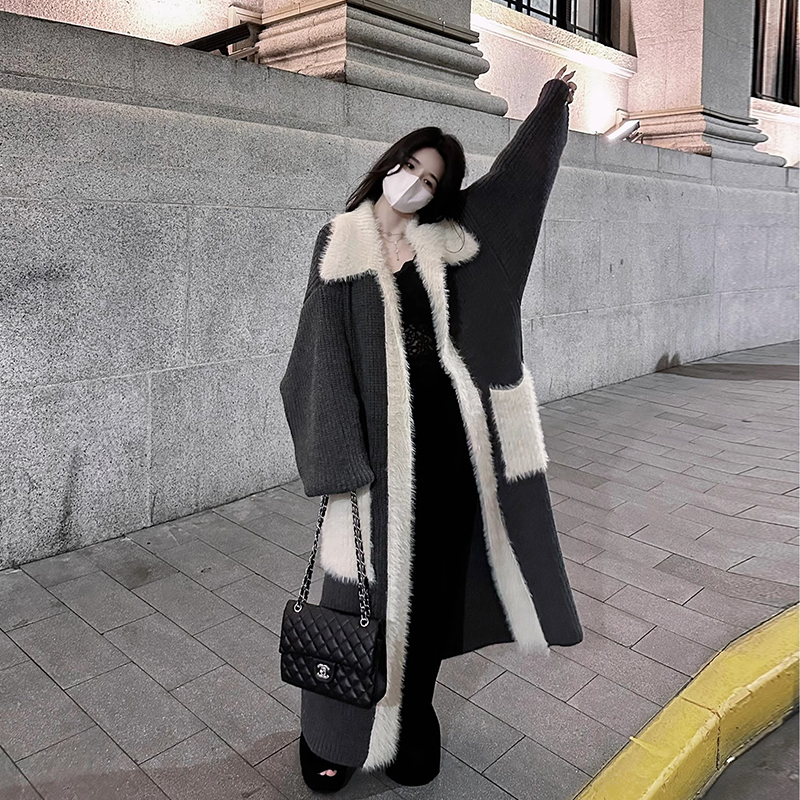 羊毛拼接混纺开衫翻领外穿