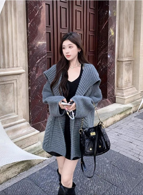 慵懒松弛感中长款麻花针织开衫女秋冬加厚宽松软糯大翻领毛衣外套