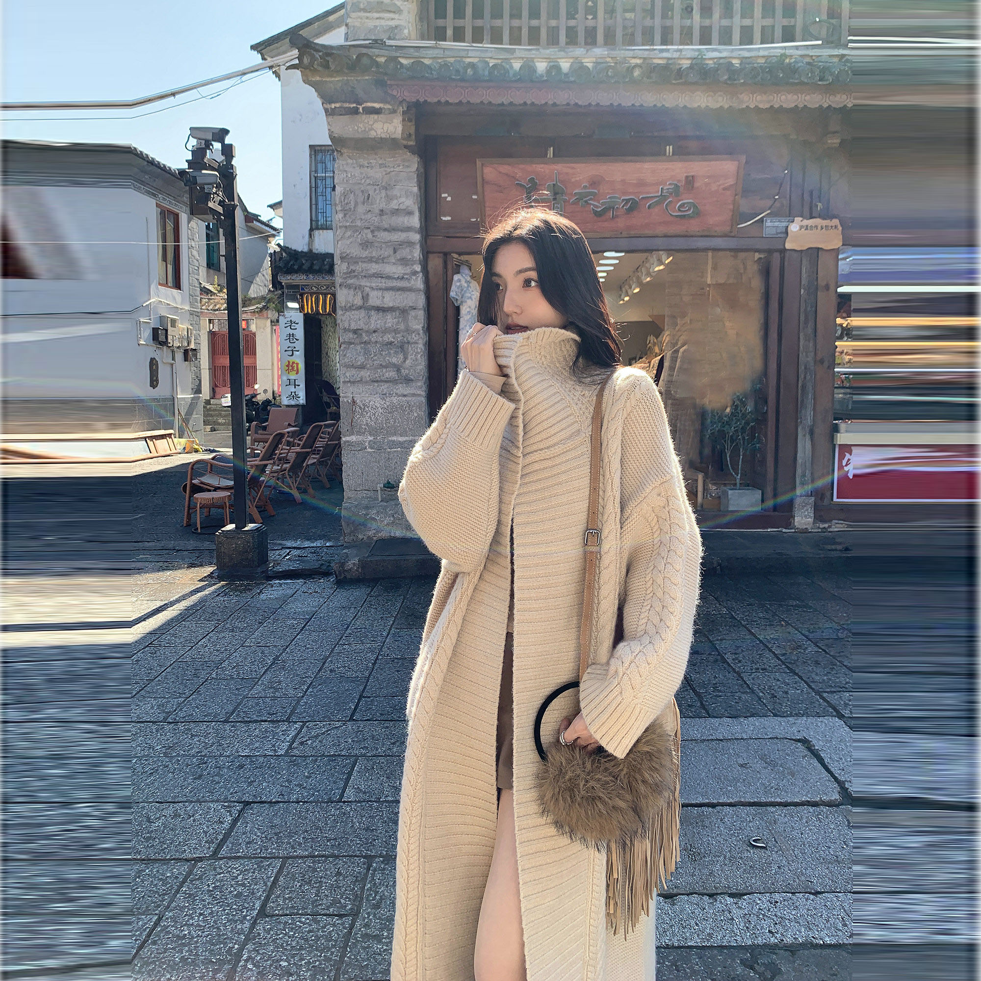 慵懒风大翻领长款针织外套女秋冬厚麻花宽松气质过膝针织开衫大衣
