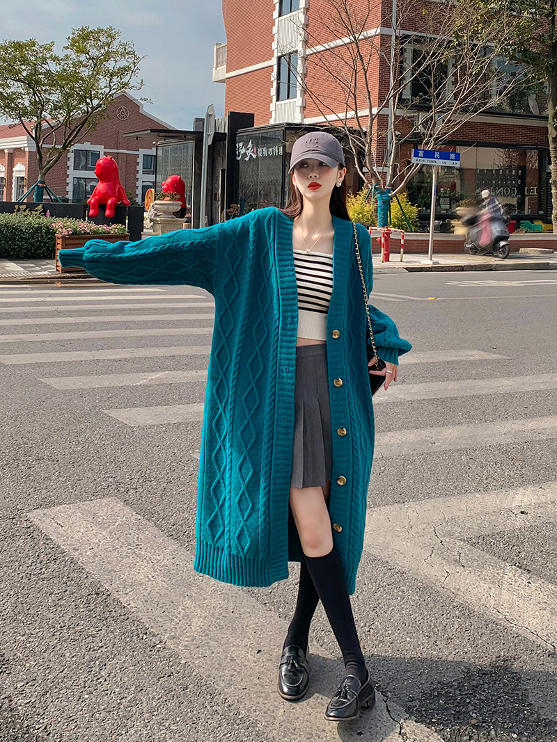 韩版过膝V领麻花针织外套女2025春秋新款复古时髦中长款开衫上衣