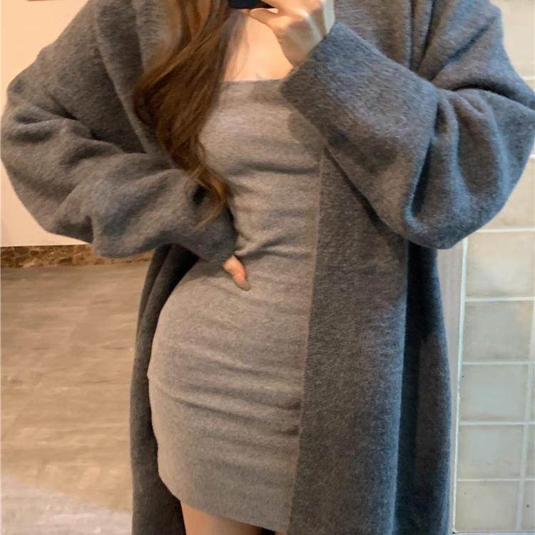 慵懒风软糯中长款针织开衫女春秋高级感过膝毛衣外套轻奢名媛大衣