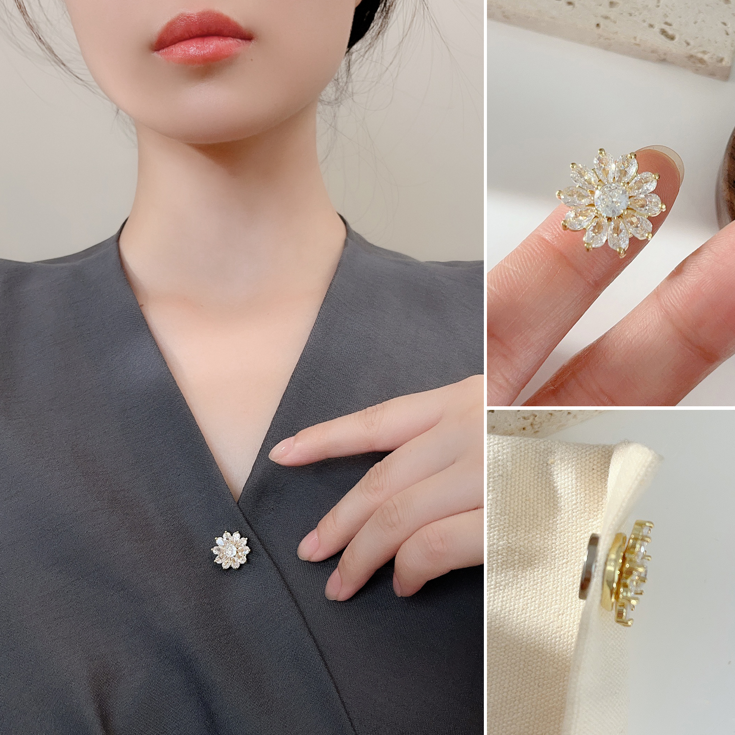 丝质活动V领免扎无痕防走光磁吸扣小钻花朵简约百搭胸前胸花配饰