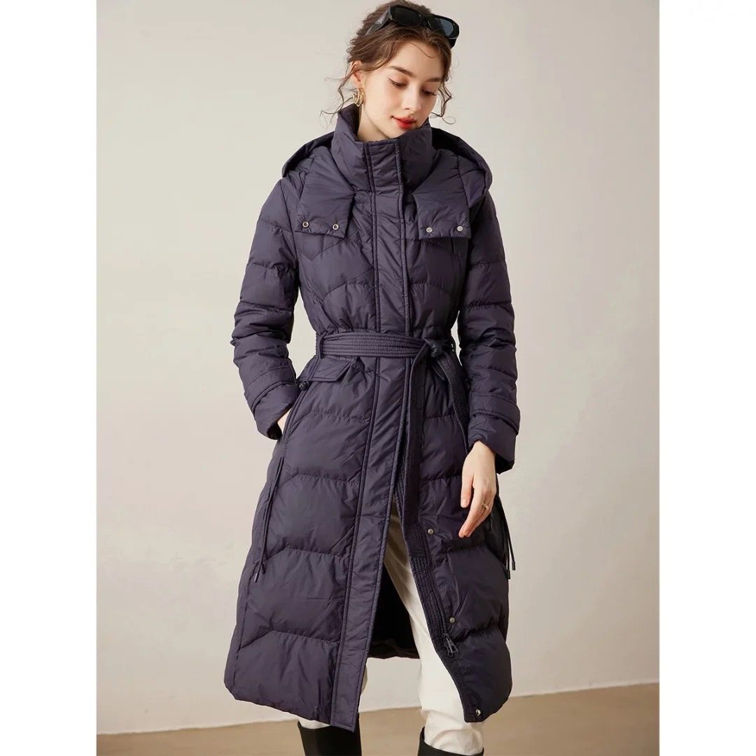 连帽立领防风保暖2025年冬款通勤可拆卸腰带修身长款女式羽绒服