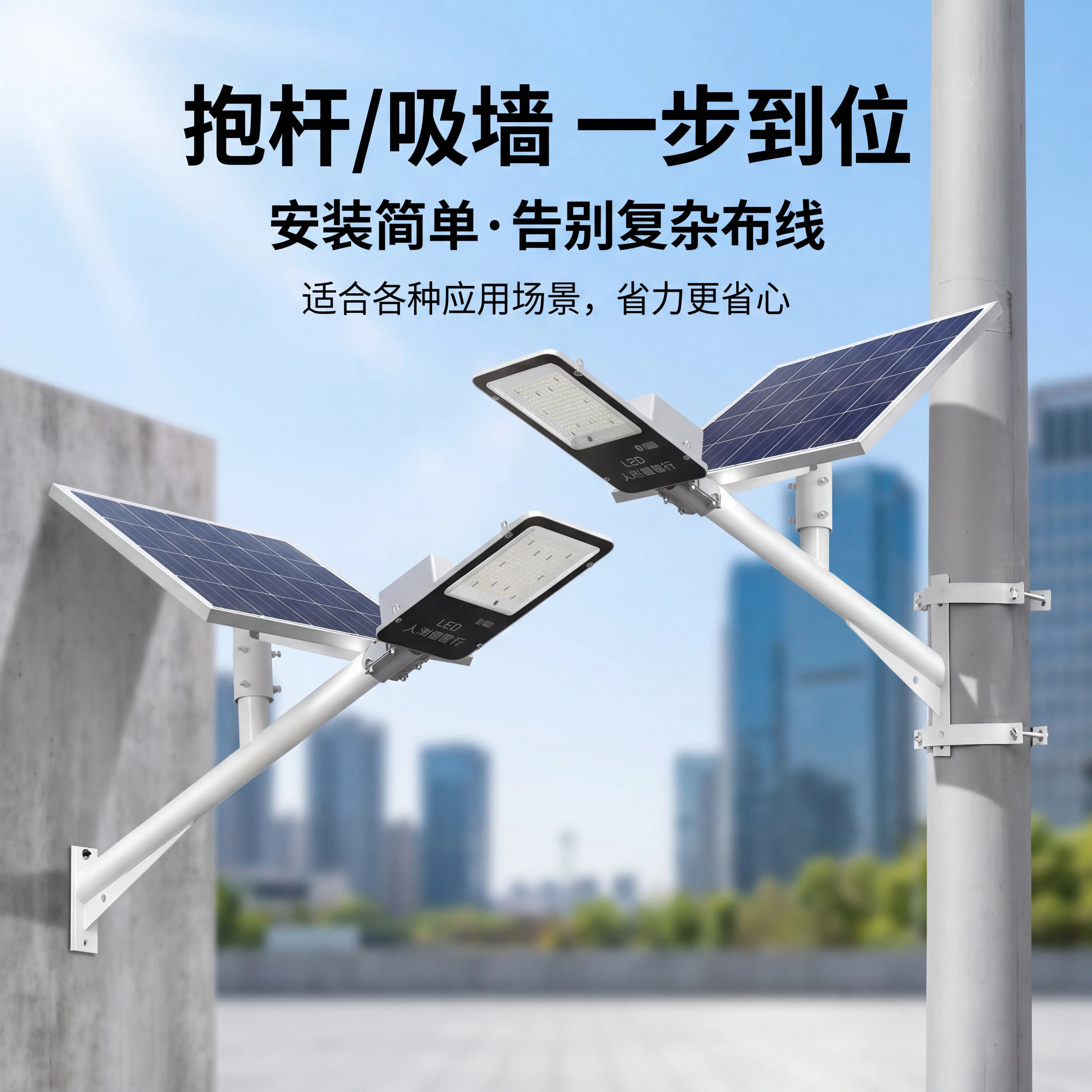 钜惠LED太阳能挑臂路灯小区新农村户外景观庭院镭电池0电费道路灯