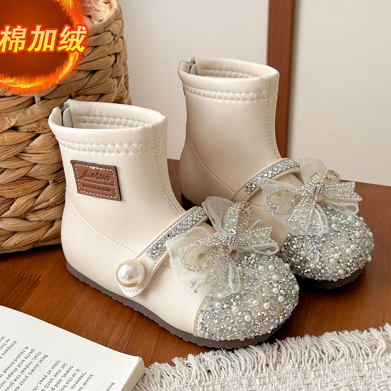女童秋冬加绒蝴蝶结水钻马丁靴
