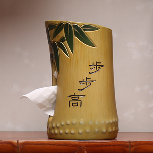 新中式陶瓷复古嵌入立式圆筒形侧抽纸民俗办公室摆件无心卷纸巾盒