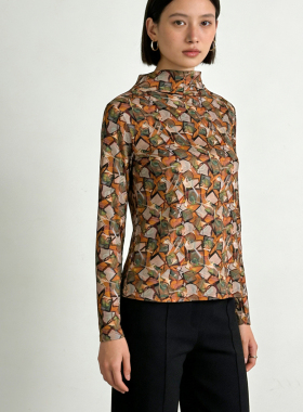 橙色小立领长袖桑蚕丝打底衫