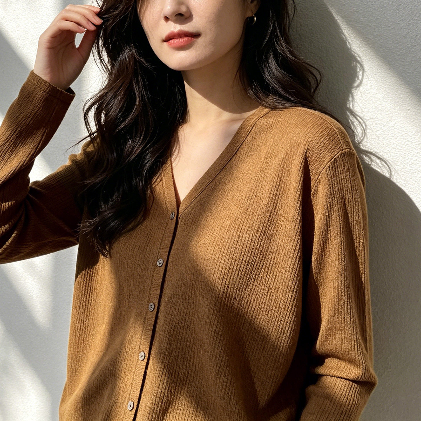 100%绵羊毛V领长袖开衫女2026秋季新款简约肌理纹打底衫休闲上衣