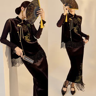 AYOMIS【墨笔生花】国风新中式重工刺绣轻奢流苏马甲半裙丝绒套装