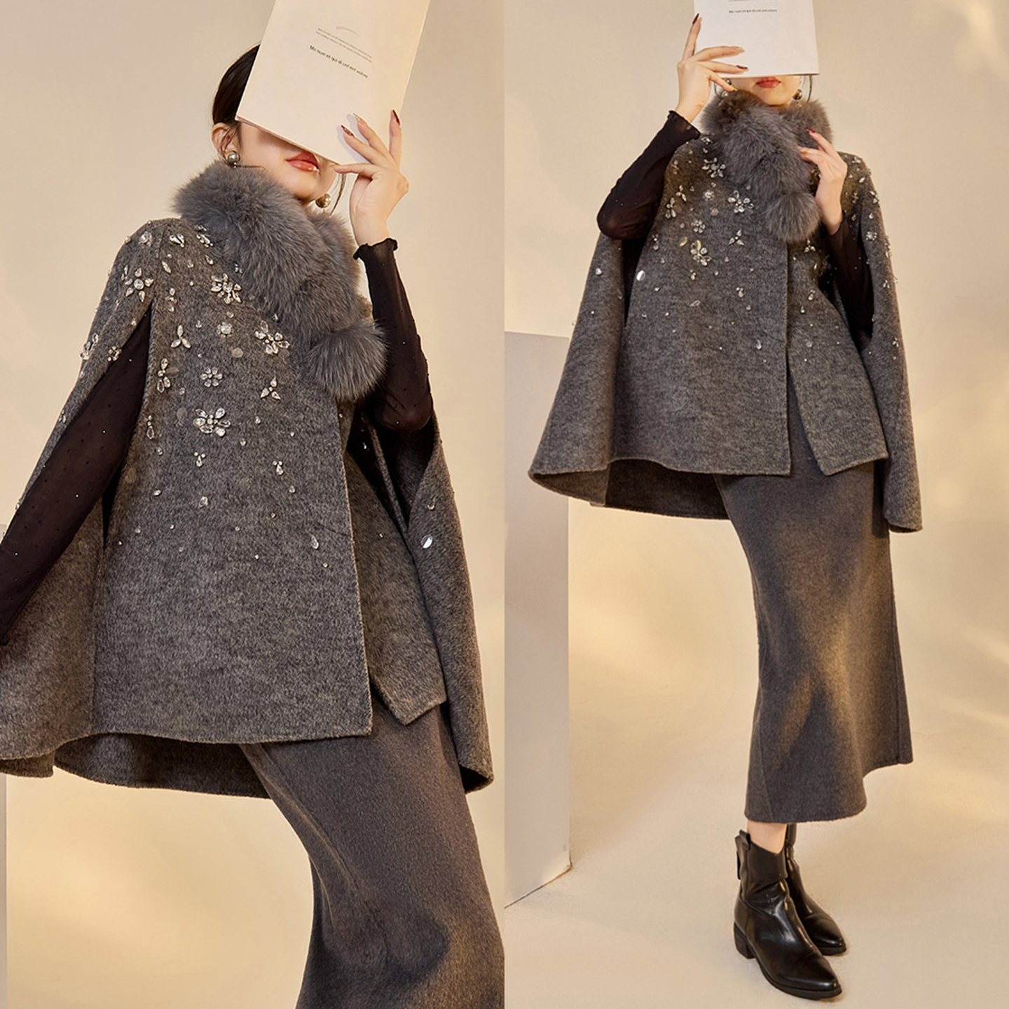 AYOMIS【沪上千金】重工绣花羊毛呢钉珠狐狸毛领斗篷+双面呢半裙