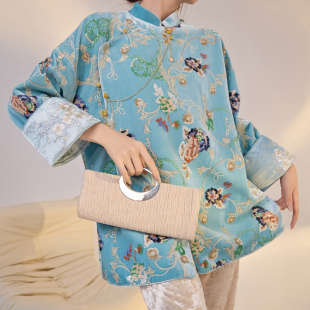 AYOMIS新中式重工刺绣花朵亮片高级感轻奢上衣禅服丝绒国风外套女