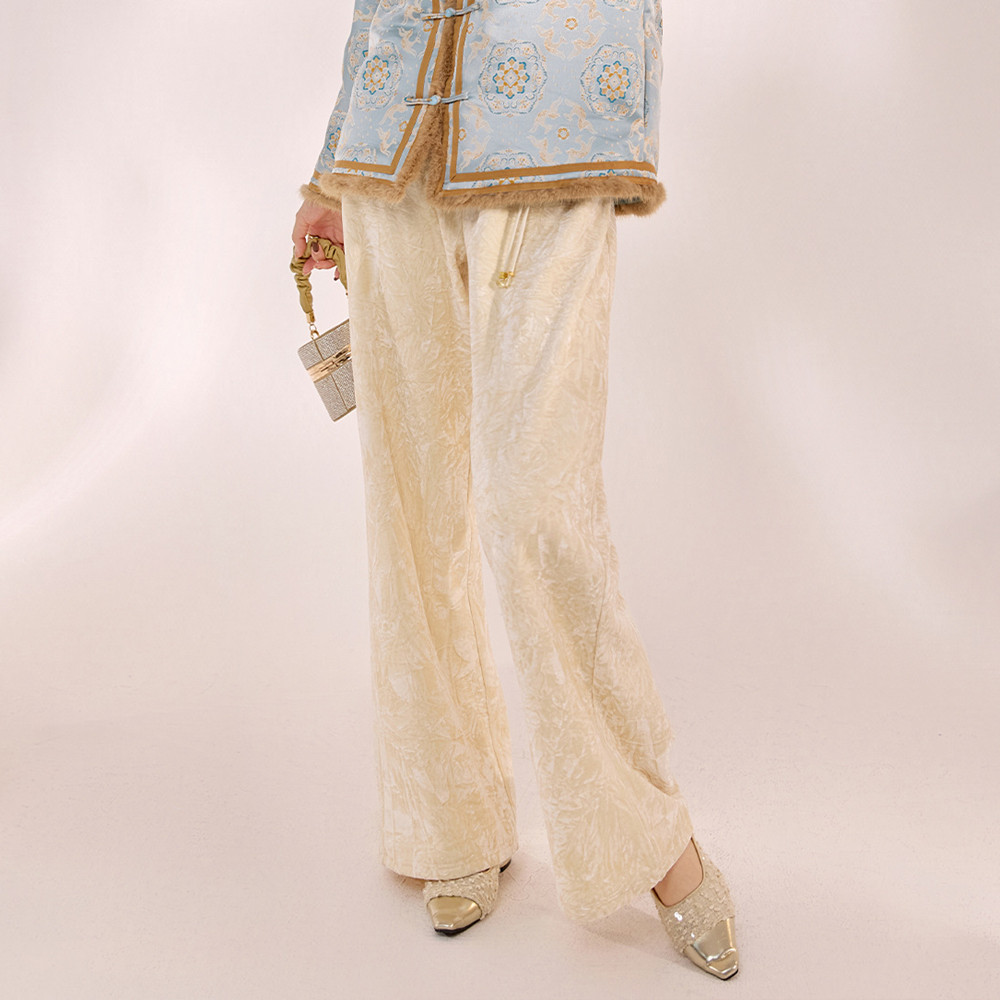 AYOMIS新中式吊坠丝绒垂感阔腿裤国风纯色松紧腰简约直筒裤长裤女,女装/女士精品,汉服裤装,淘宝优惠券,粉丝福利购,淘宝优惠卷