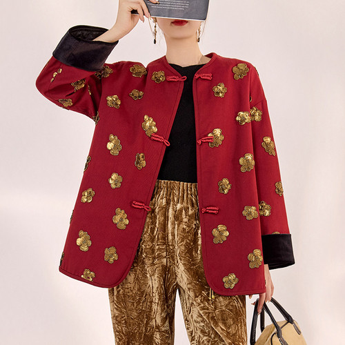 安可拉红金珠亮片新中式棉服外套