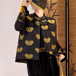 AYOMIS新中式国风对襟对花马甲2024秋冬老钱风黑金蝴蝶背心上衣女