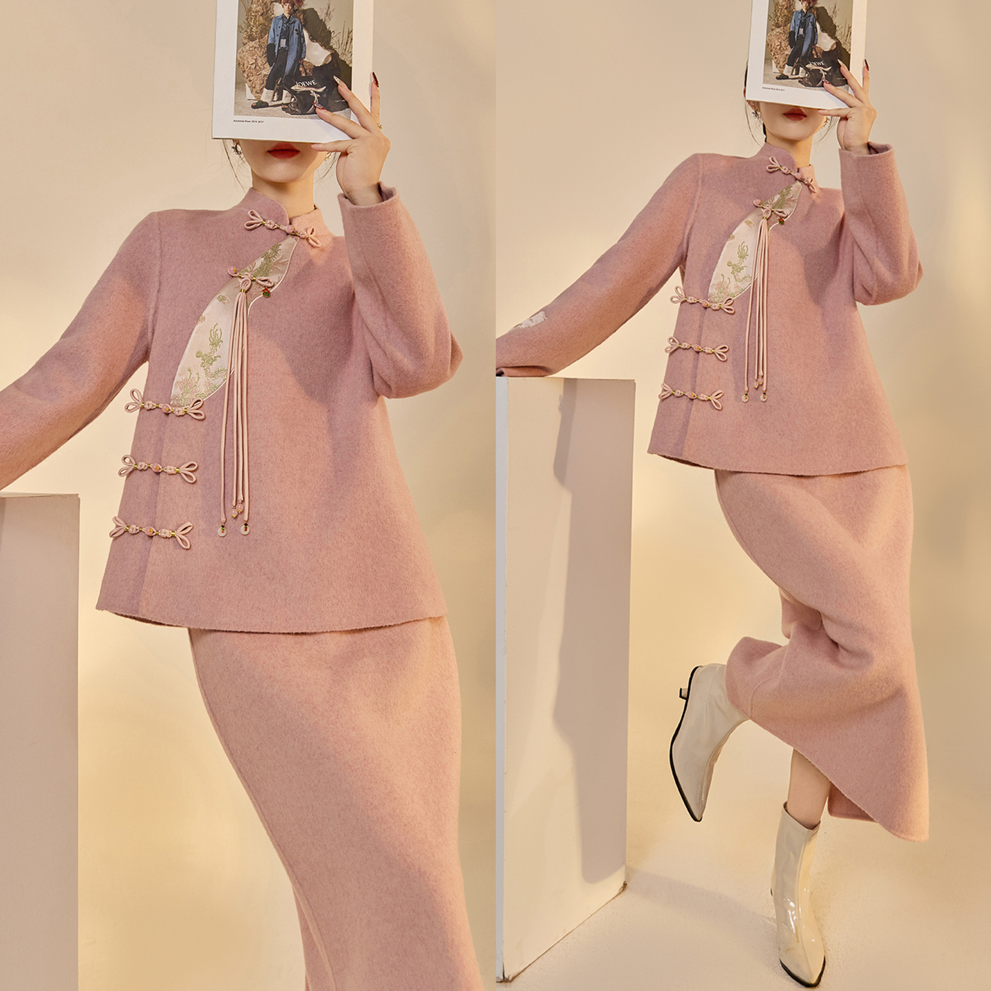 AYOMIS【烟霞芷】2025秋冬刺绣盘扣毛呢短外套+半裙新中式2件套装