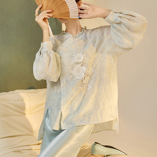 AYOMIS【喜雨亭记】新中式斜襟晕染衬衫2025早秋国风珠片绣上衣女