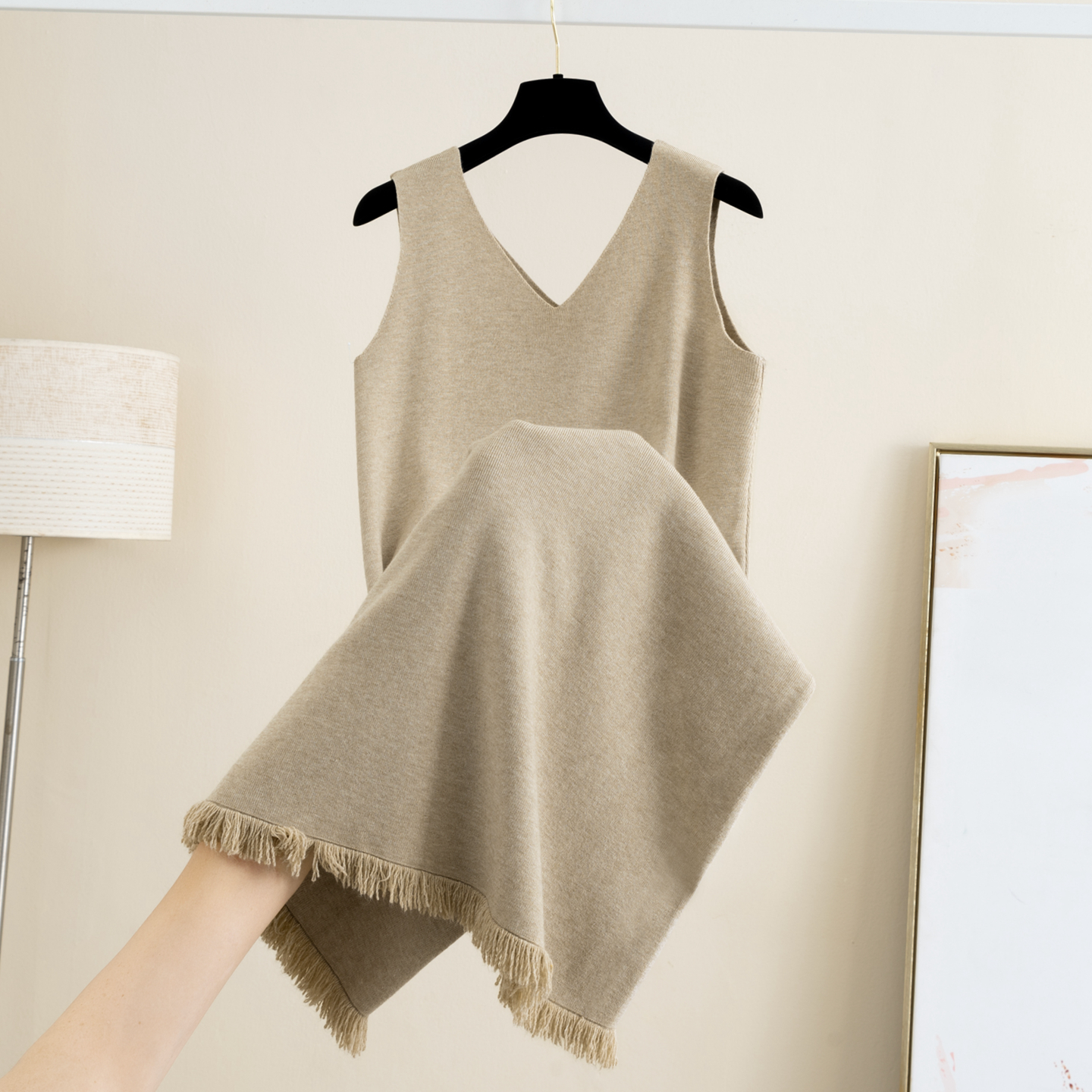V领针织吊带背心连衣裙女秋冬新款宽松内搭外穿打底毛衣裙马夹裙