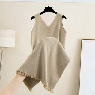 V领针织吊带背心连衣裙女秋冬新款 宽松内搭外穿打底毛衣裙马夹裙