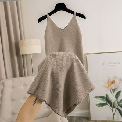 a字连衣裙纯色针织吊带裙