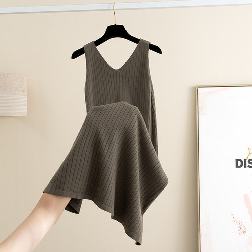 纯色V领针织吊带背心连衣裙女