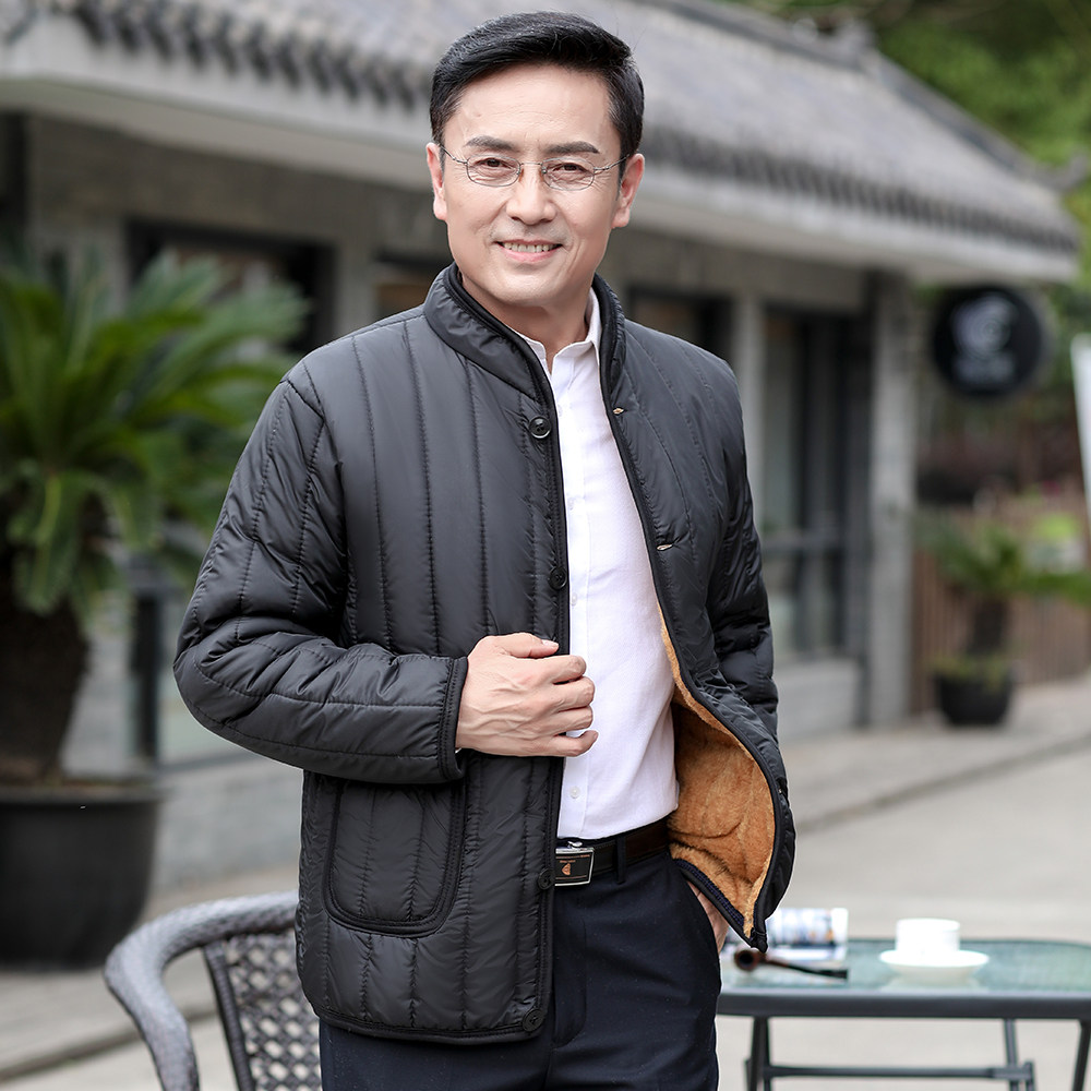 轻溥簙薄款中年男士立领外套中老年棉袄加厚保暖棉衣爸爸装小棉衣
