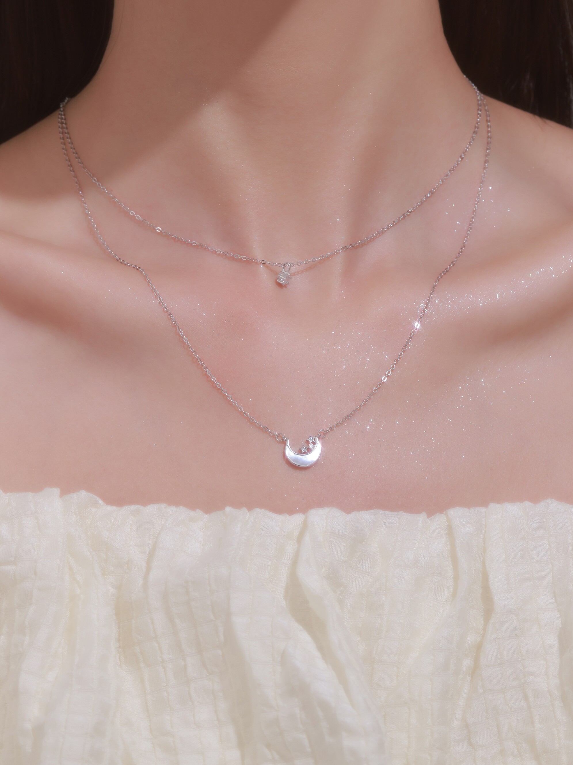 프렌치 컬러 작품 문 더블 레이어  라이트 럭셔리 틈새 하이 엔드 목걸이 여성 지르콘 생일 선물