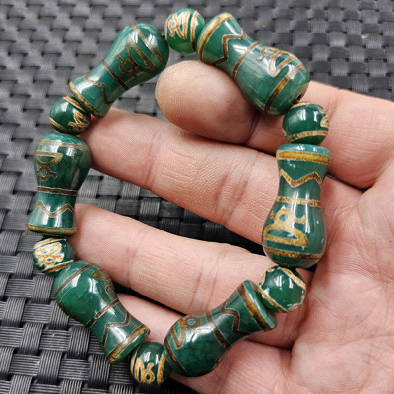 绿人物花瓶天珠玉石手链墨绿色花瓶路路通手链仿古手串手饰手环