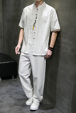 QT715-7056-P80夏季风棉麻套装男短袖衬衫长裤套装-白，男装T恤，钱塘715