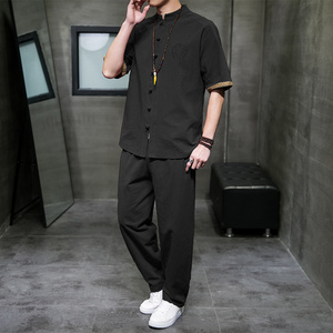 QT715-7056-P80夏季风棉麻套装男短袖衬衫长裤套装-黑图片