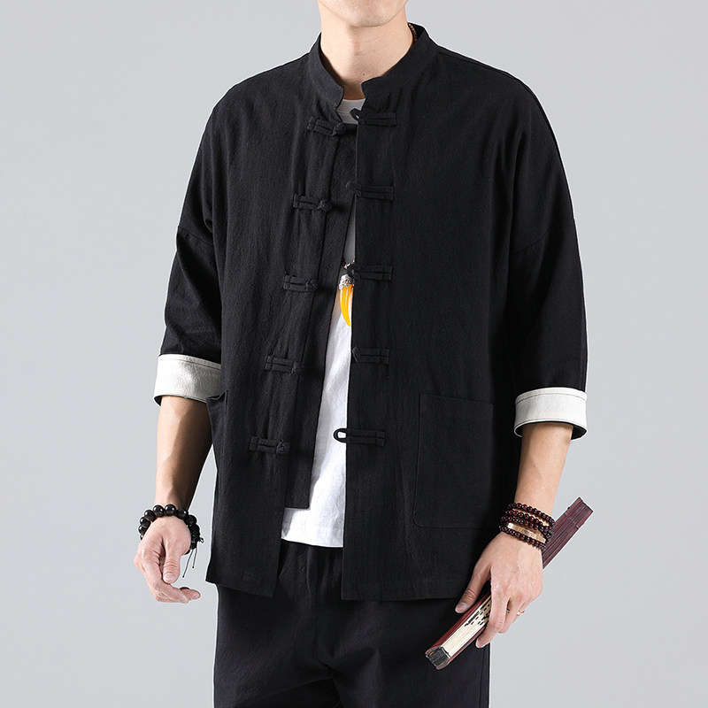 QT715-C7212-P55春夏风棉麻短袖衬衫盘扣唐装中式复古衬衣-绿,男装衬衫,钱塘715