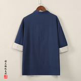 QT715-T810-P45夏季风棉麻立领盘口复古短袖T恤男-蓝，男装T恤，钱塘715