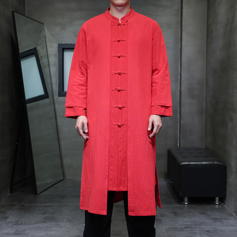 QT715-827-P130风春秋款棉麻中长款汉服假两件复古风衣唐装黑,男装风衣,钱塘715