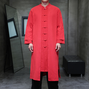 QT715-827-P130风春秋款棉麻中长款汉服假两件复古风衣唐装黑图片